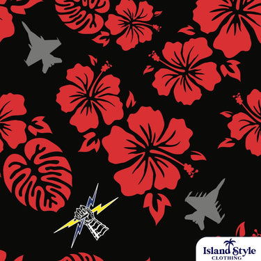 Custom ADF shirts featuring a black base with hibiscus flowers and leaves in red and planes plus their logo.