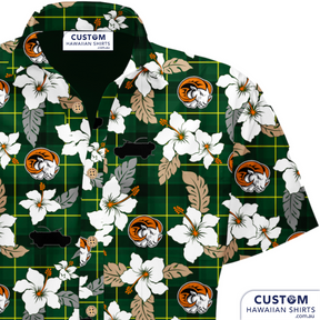 8/9th Battalion, Royal Australian Regiment. New Customised Uniforms featuring flowers, leaves, as well as their insignia on a tartan base.  100% Cotton Embossed coconut buttons