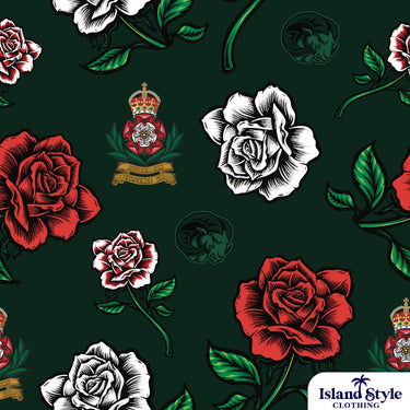 Pattern of red, white, and pink roses with a crown emblem on a dark green background. Island Style Clothing logo visible.