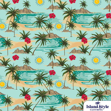 AC Solar Warehouse Friday Hawaiian Shirt Uniforms Cotton_Rayon Unisex Custom Shirts, teal blue base with palm tree, hawaiian island and suna