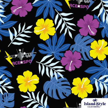 Colorful tropical leaf and flower pattern with 'Island Style Clothing' branding on a black background.