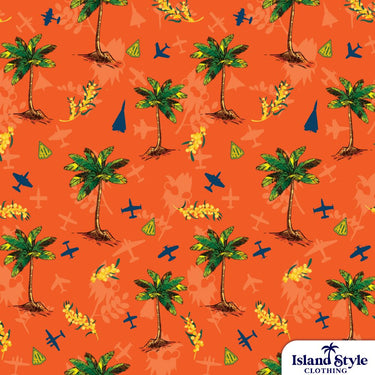 custom shirts for Aircraft Research &amp; Development Unit RAAF featuring an orange base with palm trees, gum tree flowers planes plus and their logo.