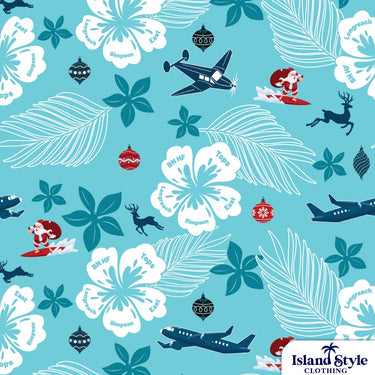 Patterned fabric with airplanes, flowers, and reindeer on a blue background