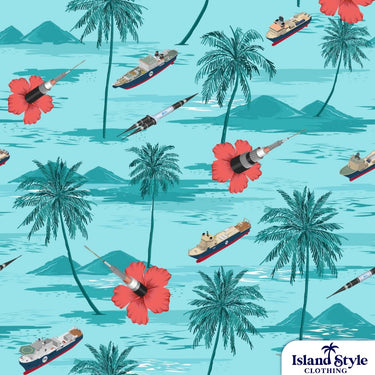 Pattern with palm trees, boats, and flowers on a blue background with 'Island Style Clothing' branding.