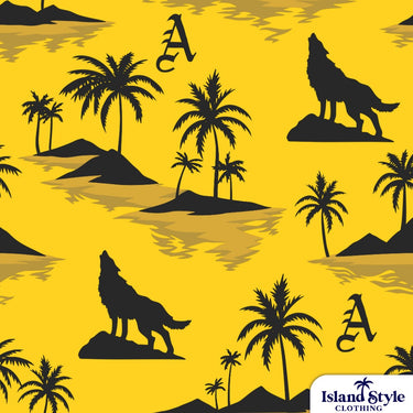 Pattern of wolves and palm trees on a yellow background with 'Island Style Clothing' branding.