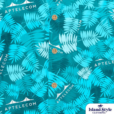 Teal fabric with leaf pattern and 'Aptelecom' branding