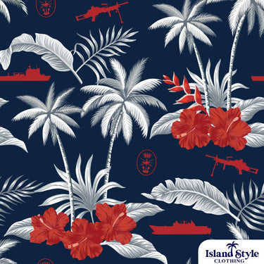 Tropical pattern with red and white palm trees and flowers on a navy background, featuring 'Island Style Clothing' logo.