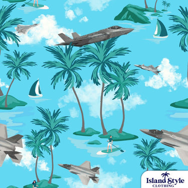 Fabric pattern with palm trees, airplanes, and people on a blue background, featuring 'Island Style Clothing' branding.