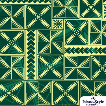 Geometric pattern with green and yellow colors on a green background, featuring the Island Style Clothing logo.