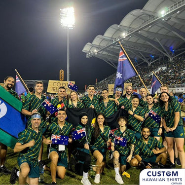 We were very proud to supply the Australian Olympic Committee, for a second time, these customised Hawaiian shirts for the team to wear to the Pacific Games in Solomon Island 2023. They wanted a shirt that represented Australia - gum leaves and also the host country with hibiscus flowers and tribal motif of course in the Australian team colours.