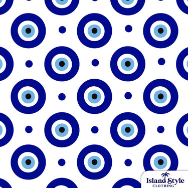 Pattern of blue and black circles on a white background with 'Island Style Clothing' logo.