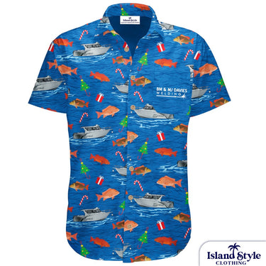 Blue shirt with fish and boat pattern on a white background