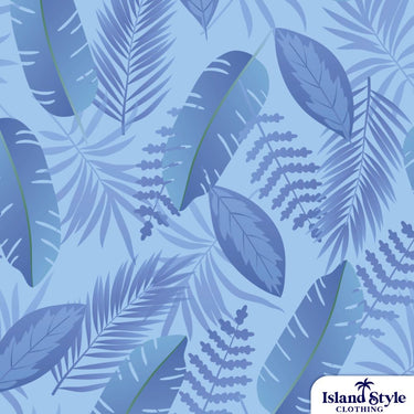 Blue tropical leaf pattern with 'Island Style Clothing' logo.