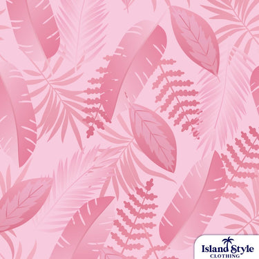Pink tropical leaf pattern with 'Island Style Clothing' logo.