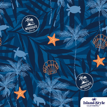 Patterned fabric with palm trees, shells, and starfish on a blue background with Woodgate branding.
