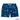 Blue swim shorts with tropical pattern on a white background