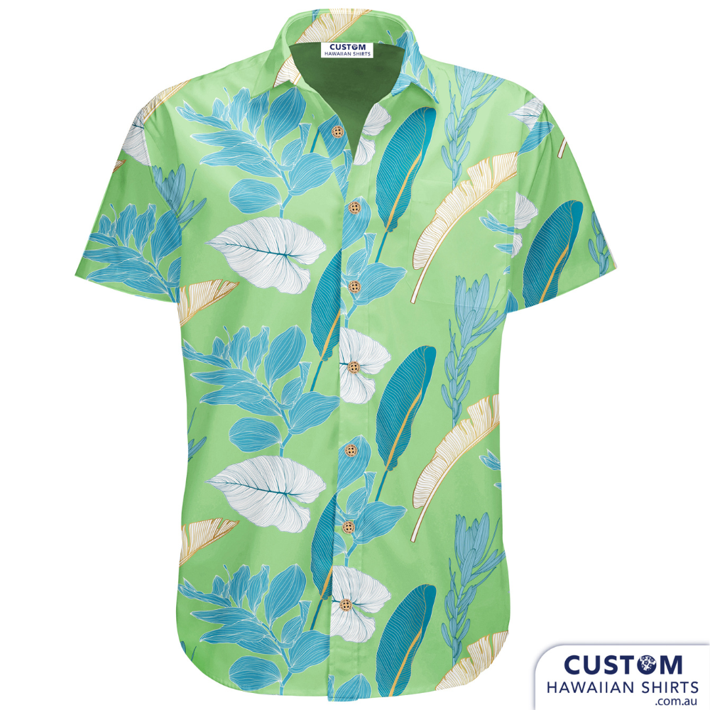 Bar and Hotel staff shirts custom-designed hospitality uniforms for Burleigh Heads Hotel. This is their second order of personalised Hospitality shirts. This new design has large tropical leaves with a green base and once again fit the vibes of this iconic GC Hotel