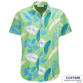 Bar and Hotel staff shirts custom-designed hospitality uniforms for Burleigh Heads Hotel. This is their second order of personalised Hospitality shirts. This new design has large tropical leaves with a green base and once again fit the vibes of this iconic GC Hotel