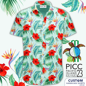 For the ADF PICC23 Pacific Island Cricket Tournament Challenge - held in Fiji 2023. Customised Team Uniforms featuring bold hibiscus flowers, bird of paradise flowers, tropical leaves and their logo on a green base.  100% Cotton Embossed coconut buttons