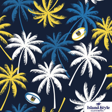 Caboolture Touch Association | Custom Rugby Shirts. Navy base with palm trees.