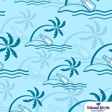 Castaways on Moreton | Custom Polo Uniforms, blue shirt with palm trees and water
