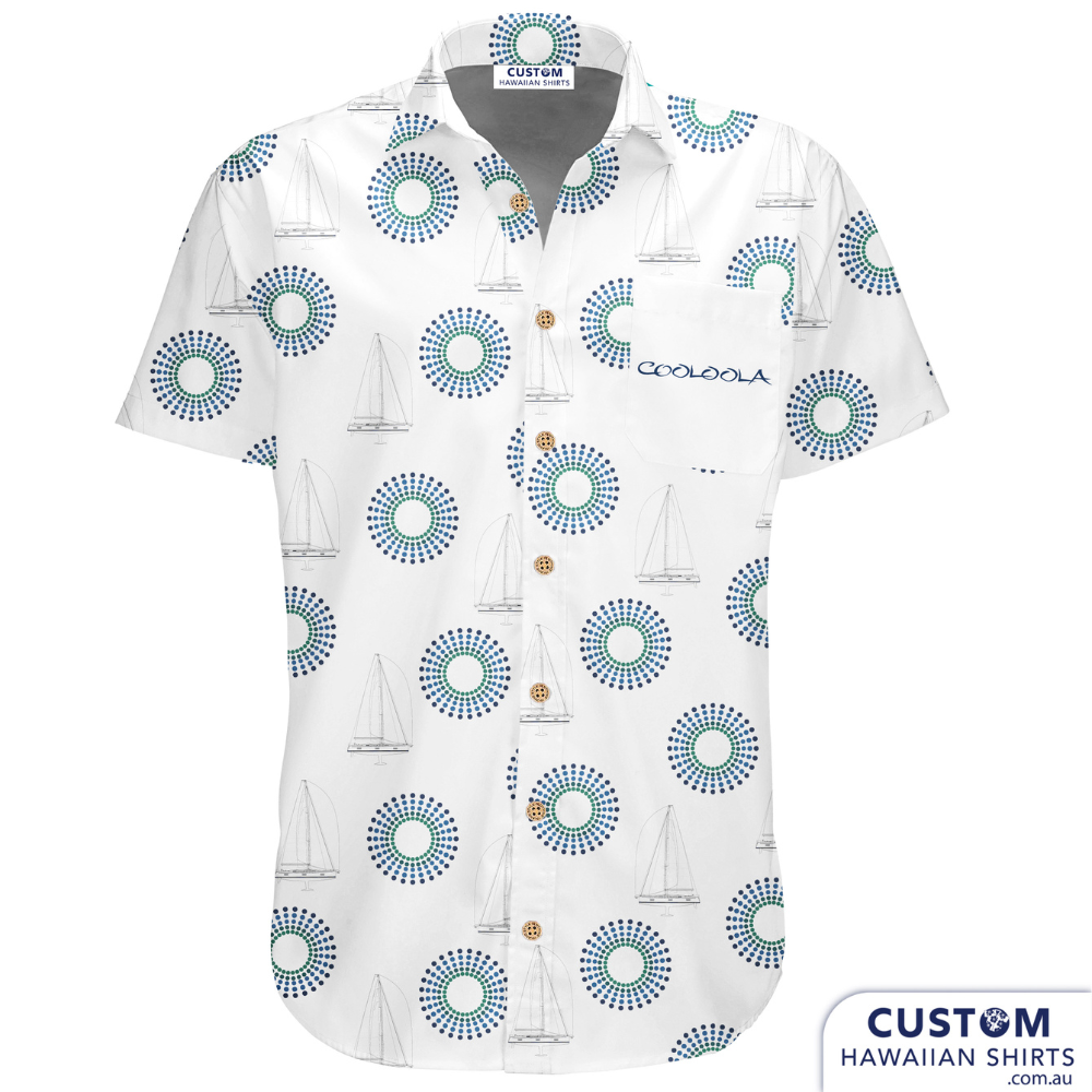 We made these stylish personalized Hawaiian shirts for staff uniforms at Cooloola Sailing, NSW. A simple but effective design including their logo, a line drawing of a yacht on a white base.