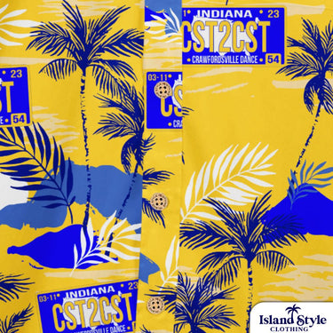 Crawfordsville Dance, USA | Custom Hawaiian Shirt Uniforms, yellow shirt with palm trees and islands