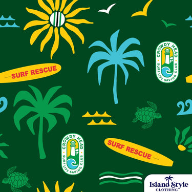 Pattern with surf rescue elements, palm trees, and a sun on a green background.