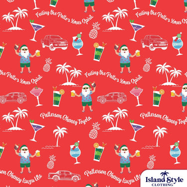 Patterned fabric with Santa Claus, palm trees, cars, and drinks on a red background.