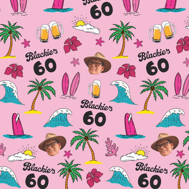 Pattern with palm trees, surfboards, and 'Blackie's 60' text on a pink background