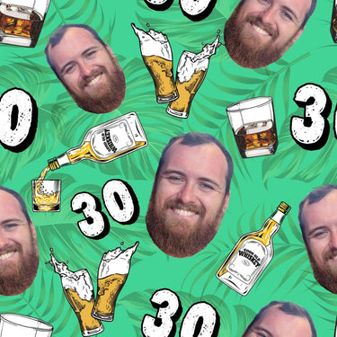 Pattern with a man's face, bottles, glasses, and '30' on a green background