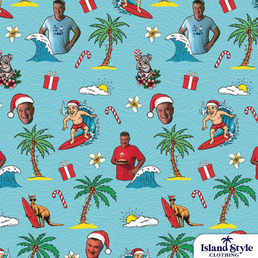 Patterned fabric with Christmas-themed designs including surfers, palm trees, and presents on a blue background.