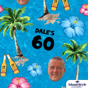 Party invitation with palm trees, flowers, and 'Dale's 60' text on a blue background.