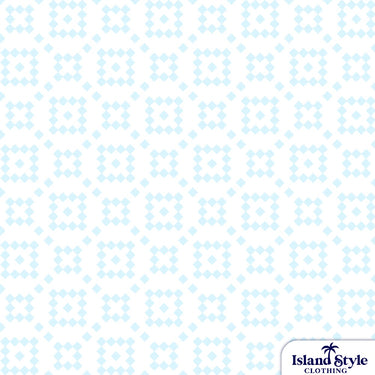 Patterned fabric with small blue dots on a white background, featuring 'Island Style Clothing' logo.