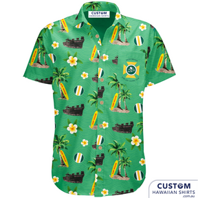 These custom shirts were designed for the Dicky Beach Surf Life Saving Club at one of our local beaches here on the Sunshine Coast, Queensland.  These eye-catching shirts feature a local wreck, logo, surfboards with a background of frangipanis and palms.  100% soft rayon Adults & Kids cuts Chest pocket Coconut buttons