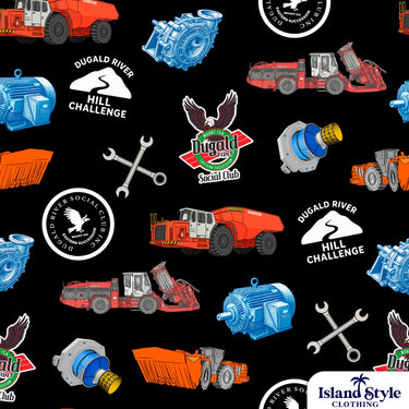 Pattern of trucks, motors, and logos on a black background