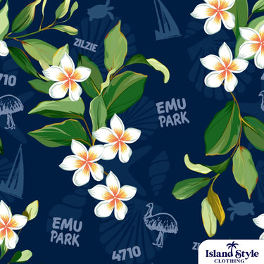 Floral pattern with white flowers and green leaves on a dark blue background, featuring 'Emu Park' and 'Island Style Clothing' logos.