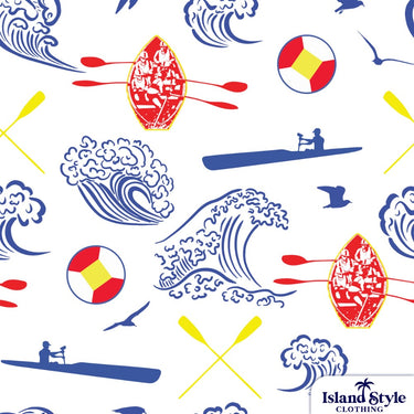 Nautical-themed pattern with surfboards, waves, and paddles on a white background.