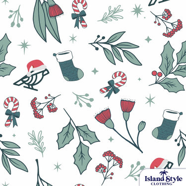 Christmas-themed pattern with holly leaves, berries, candy canes, and socks on a white background. Brand 'Island Style Clothing' visible.
