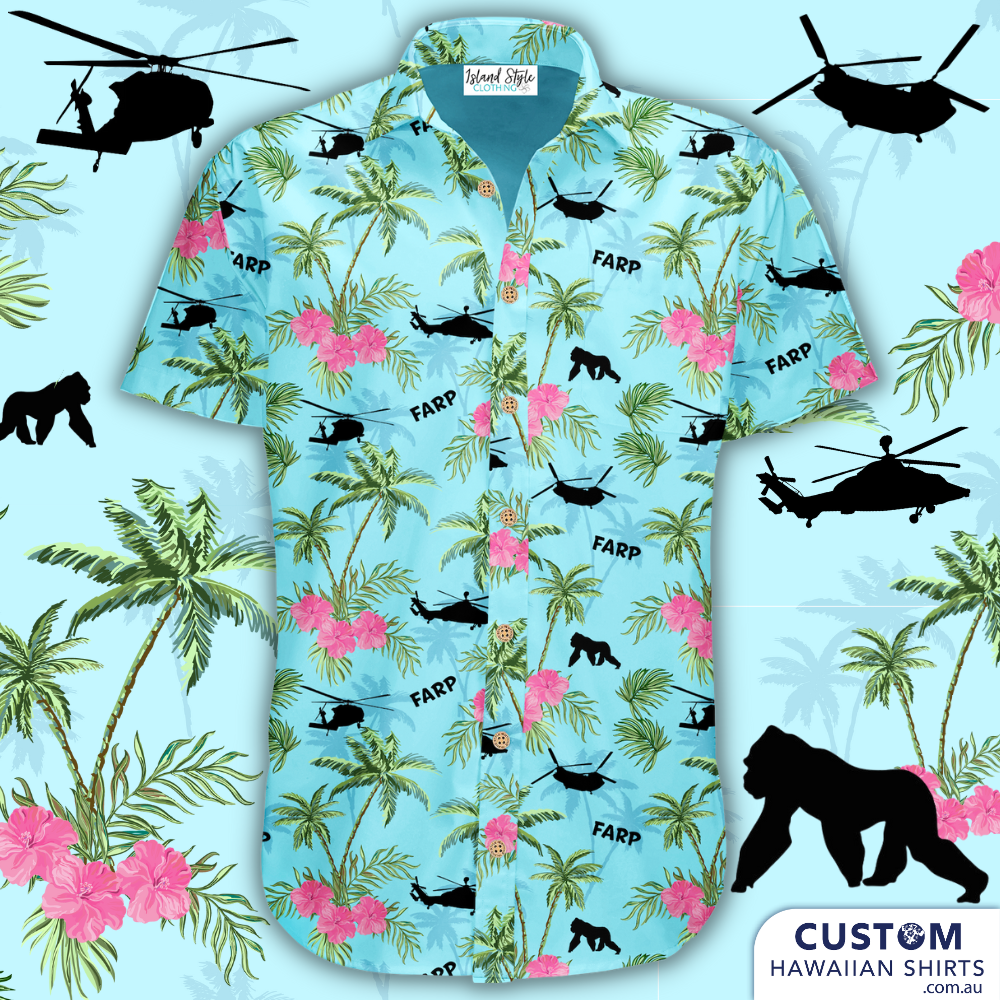 FARP, RAAF Customised Military Shirts for the Royal Australian Airforce. Features helicopters, gorillas, chinooks, flowers and palm trees on blue base.  Cotton Hawaiian Shirts Embossed coconut buttons