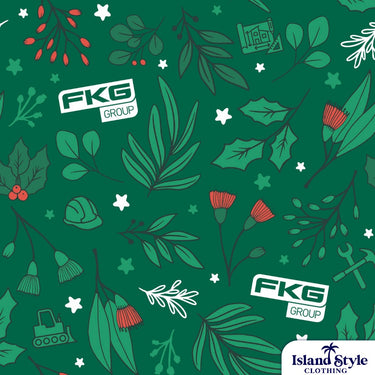 Patterned design with FKG Group logos and Island Style Clothing logo on a green background with leaves and flowers.