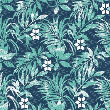 Tropical leaf and flower pattern on a dark blue background