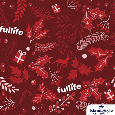 Red pattern with holly leaves, berries, and gift boxes on a dark red background with 'fullife' branding.
