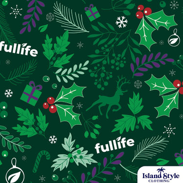 Christmas-themed pattern with holly leaves, berries, and gift boxes on a green background with 'fullife' branding.
