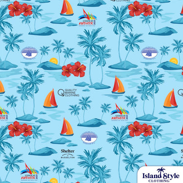 Patterned fabric with palm trees, sailboats, and flowers on a blue background.