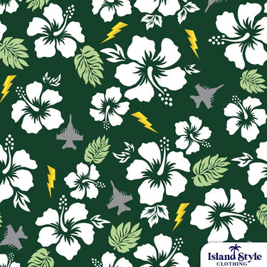 Custom Hawaiian Military shirts with a classic hawaiian look with a dark green base, white hibiscus flowers and planes.