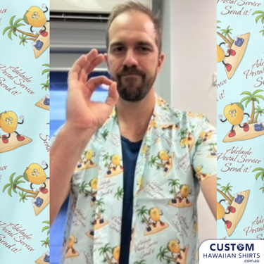 This was a fun design for HMAS Adelaide, Adelaide Postal Service, South Australia. They deliver the NEWS! Their design included a mango-mail man, his postal satchel, palm trees on an island. Quirky and individual - we really do put (almost) anything you want on your shirts! Our design team is based on the Sunshine Coast, Queensland and the design is FREE. Enquire now for a made-to-order customised Hawaiian Shirt.