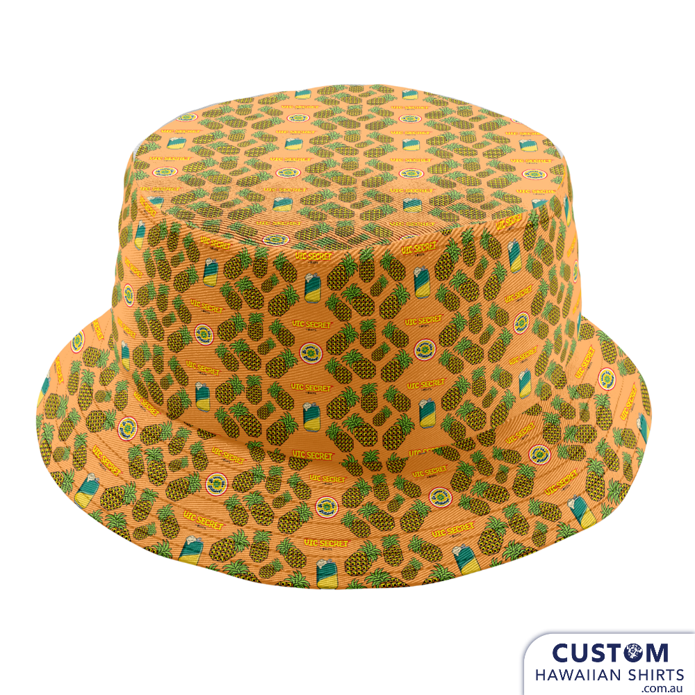 HPA Vic Secret Hops Brewery ordered Custom Bucket Hats. They featured their logo and pineapples in two colours - blue base and orange base. Wicked festival merch. 100% Polyester Twill Light-Weight Quick-Dry