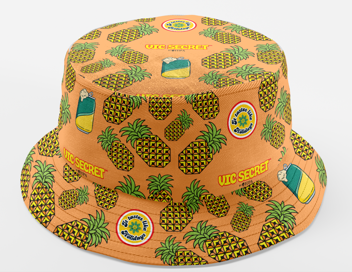 HPA Vic Secret Hops Brewery ordered Custom Bucket Hats. They featured their logo and pineapples in two colours - blue base and orange base. Wicked festival merch. 100% Polyester Twill Light-Weight Quick-Dry
