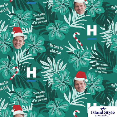 Patterned fabric with tropical leaves, candy canes, and text on a green background.